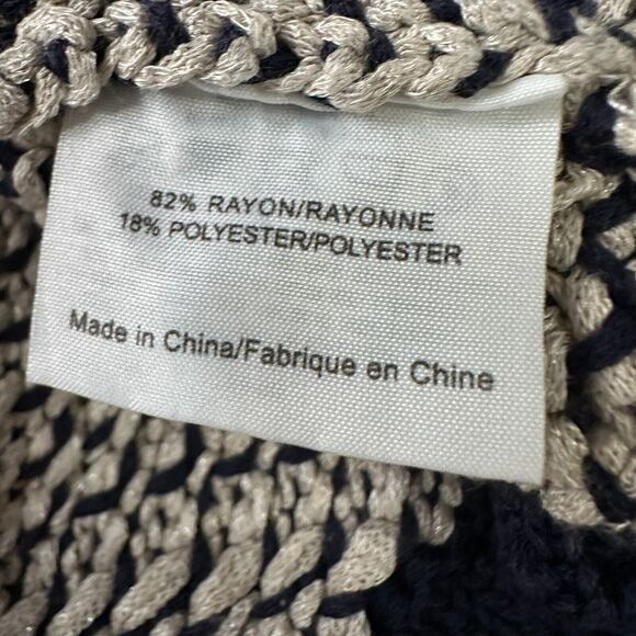 Tory Burch Crochet Tunic Sweater Womens XS Navy Beige Zig Zag V-Neck Knit Rayon - Picture 7 of 10